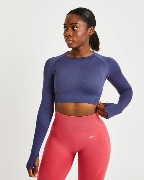 AYBL Balance V2 Seamless Long Sleeve Crop Top Azul Marino Azules | DLCXR9472