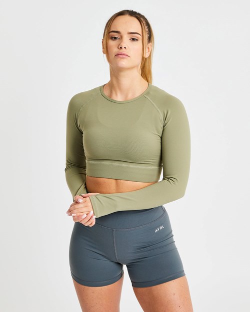 AYBL Core Long Sleeve Crop Top Verde Oliva | XPQFL7802