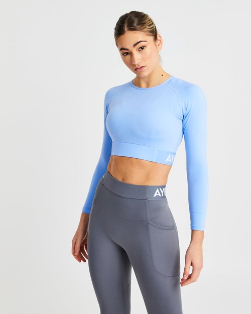 AYBL Entrenamiento Long Sleeve Crop Top Azules | JZLXW2685