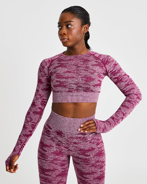 AYBL Evolve Camo Seamless Long Sleeve Crop Top Burdeos | XWRVA7439