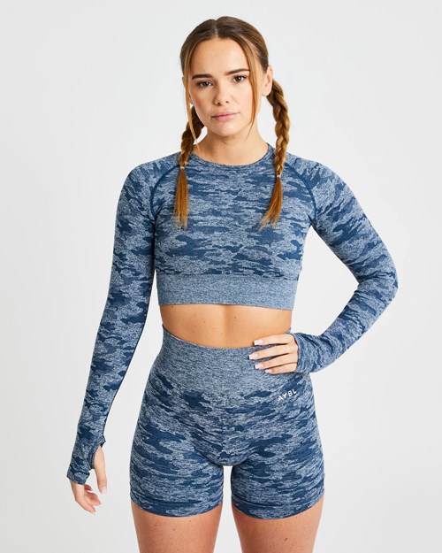 AYBL Evolve Camo Seamless Long Sleeve Crop Top Teal | ZQBCF8147