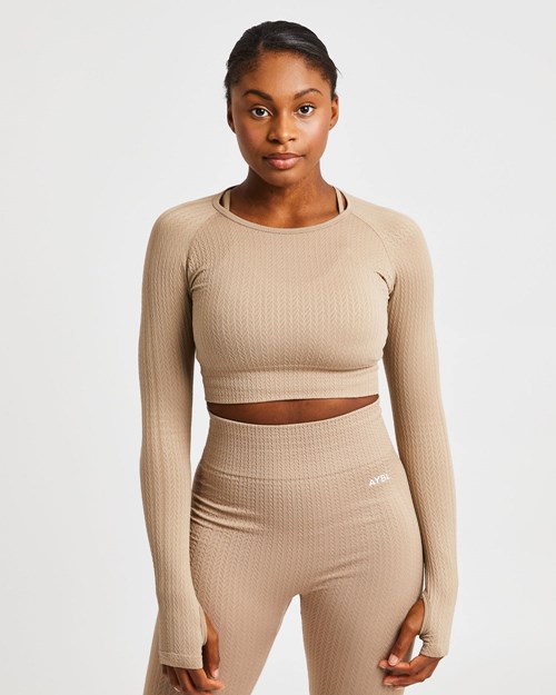 AYBL Luxe Seamless Long Sleeve Crop Top Mocha | EYUSL7681