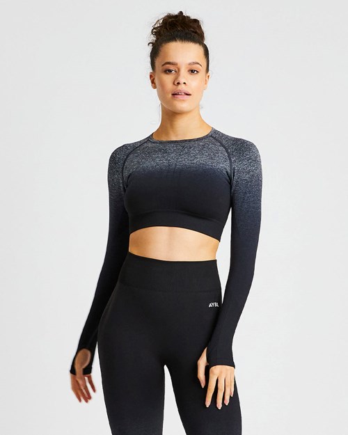 AYBL Pulse Ombré Seamless Long Sleeve Crop Top Black/Grey | ISMYQ6815