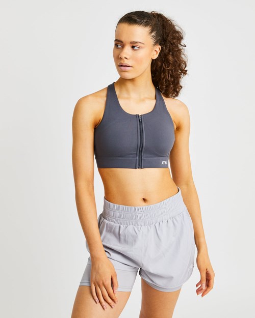 AYBL Sportive Zip Up Sports Bra Charcoal | QTBVN0641