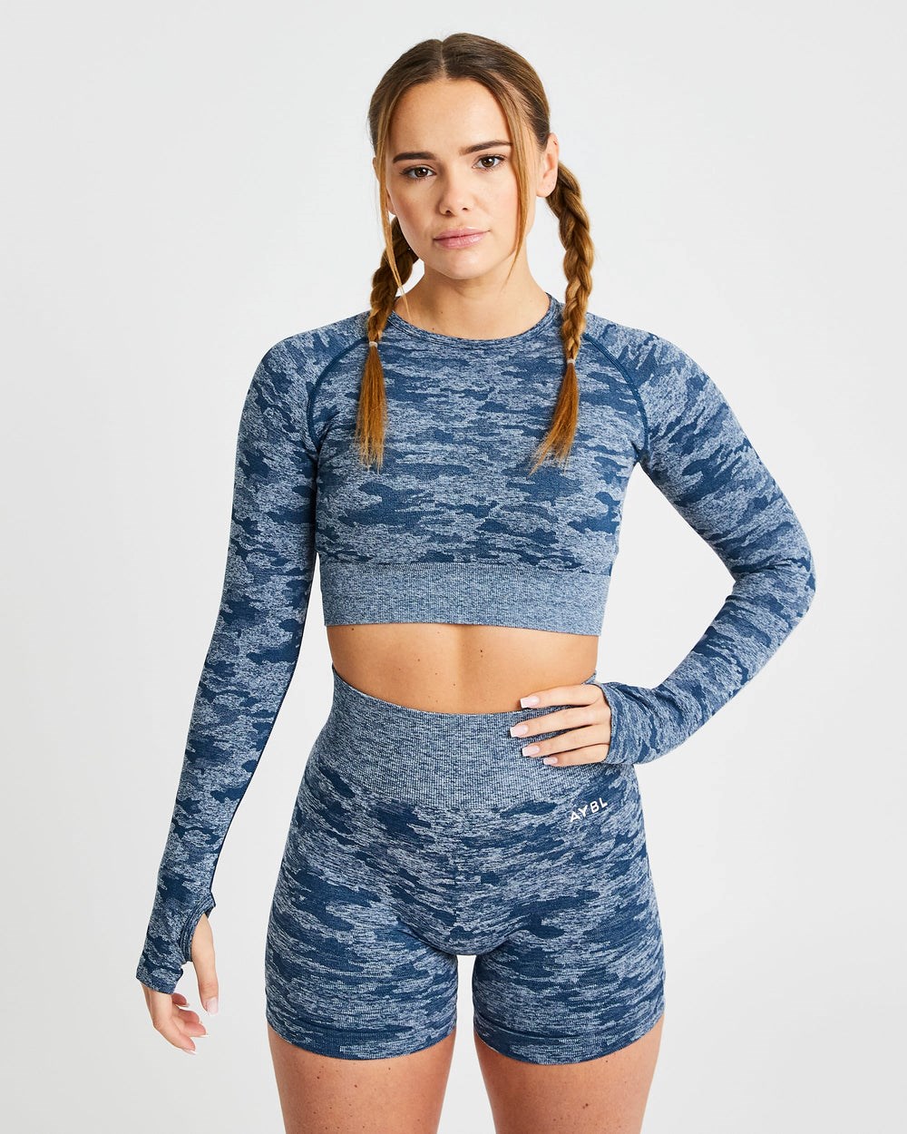 AYBL Evolve Camo Seamless Long Sleeve Crop Top Teal | MGKWJ8907