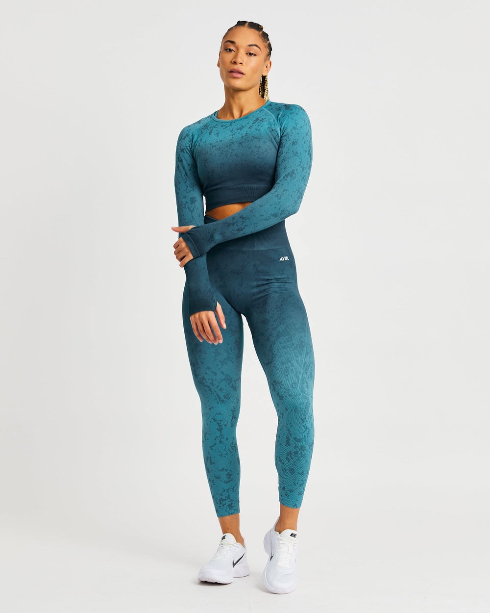 AYBL Flare Seamless Long Sleeve Crop Top Teal | HACQY3218