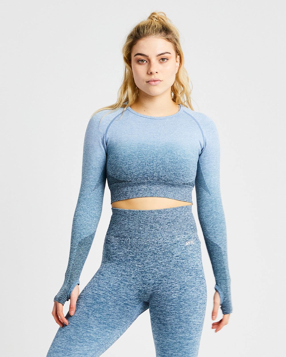 AYBL Pulse Ombré Seamless Long Sleeve Crop Top Teal | AHLXS7156