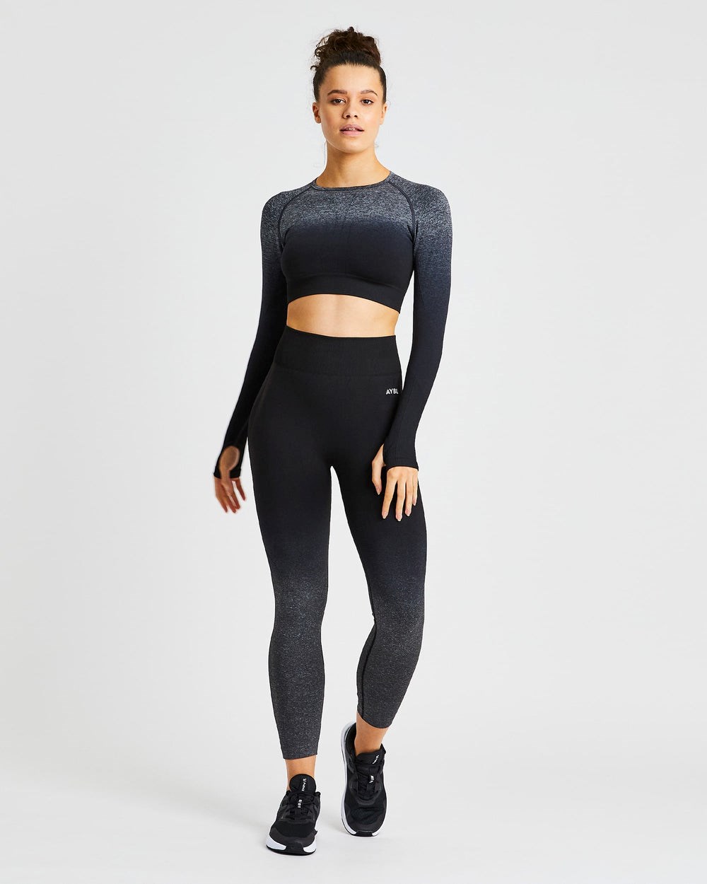 AYBL Pulse Ombré Seamless Long Sleeve Crop Top Black/Grey | ISMYQ6815